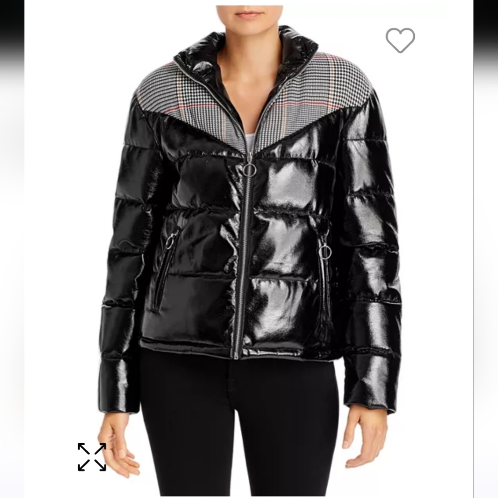 Glamorous Plaid Faux Patent Leather Puffer Jacket Size M